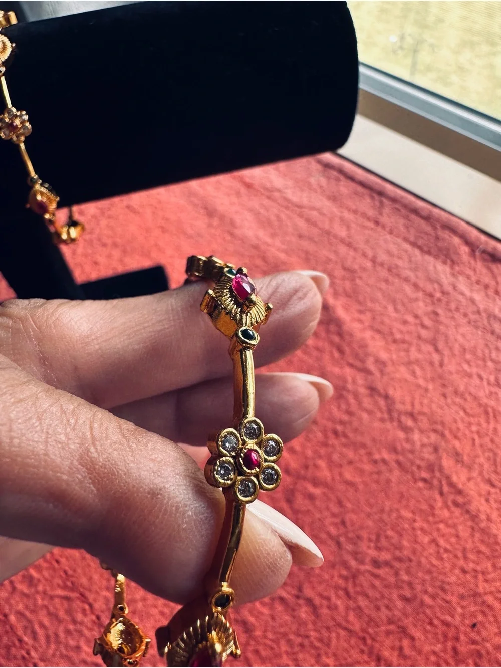 Gold-Tone Pink Floral Bangles for size 2.4/2.6 wrist Anti tarnish